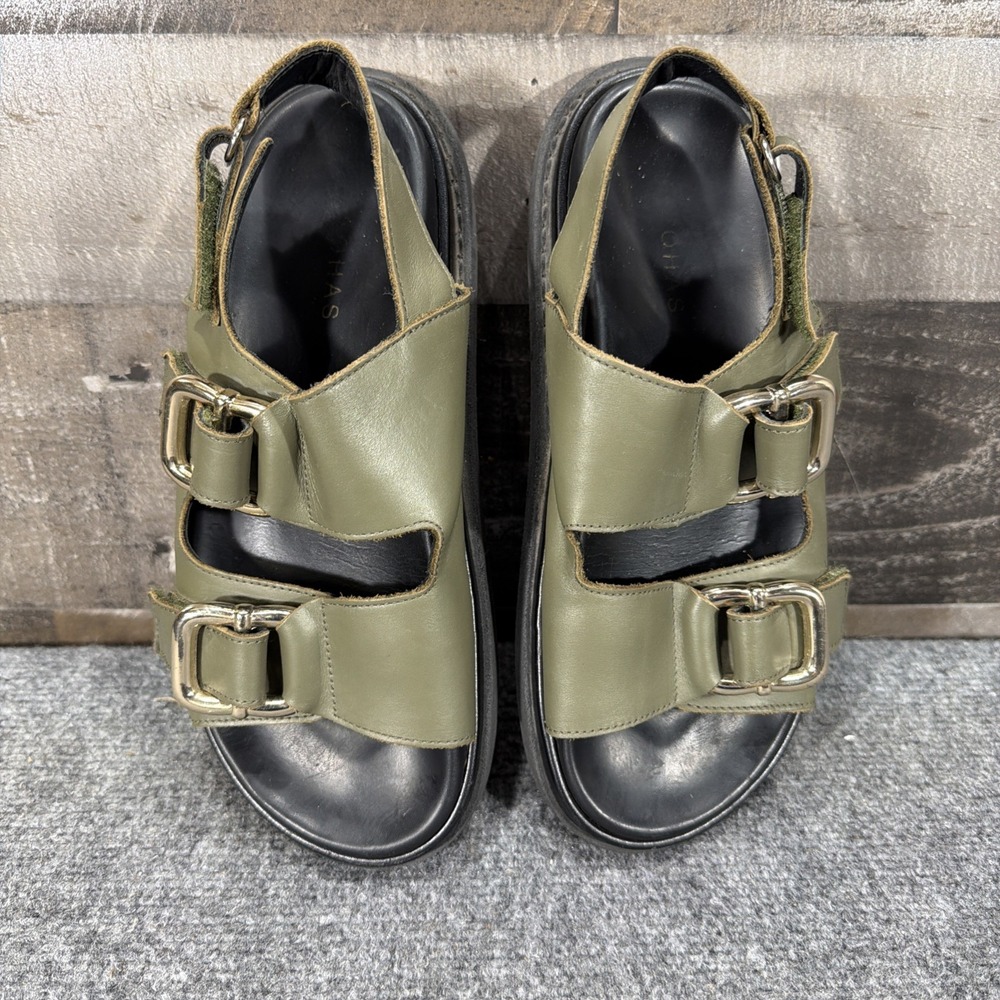 ALOHAS Harper Flat Sandals Olive Green Leather Chunky Gold Buckle EU 38 US 7 7.5 - Picture 10 of 12